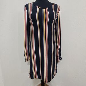 Multicolor Retro Striped Long Sleeve Dress, Size M